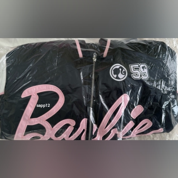 BARBIE 🩷 LOGO VARSITY ZIP UP BOMBER JACKET NWT (WOMEN'S) - Picture 2 of 4